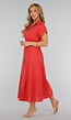 Koraalrode Midi Knoopjurk met Kraag en Linnenlook
