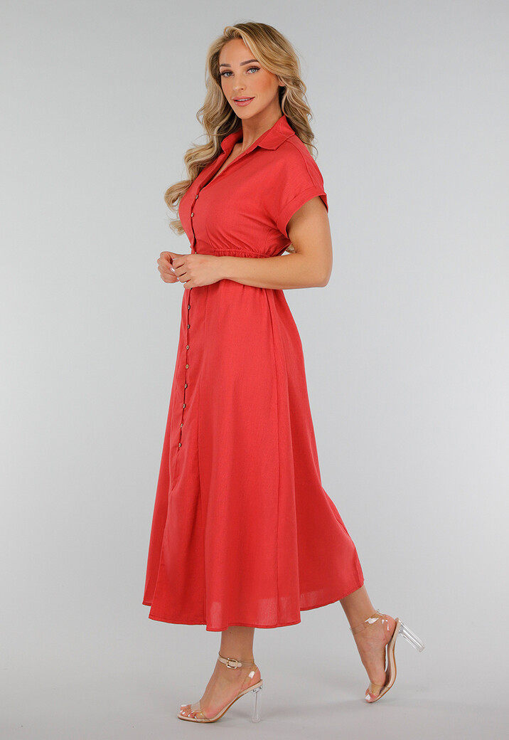 Koraalrode Midi Knoopjurk met Kraag en Linnenlook
