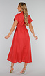 Koraalrode Midi Knoopjurk met Kraag en Linnenlook
