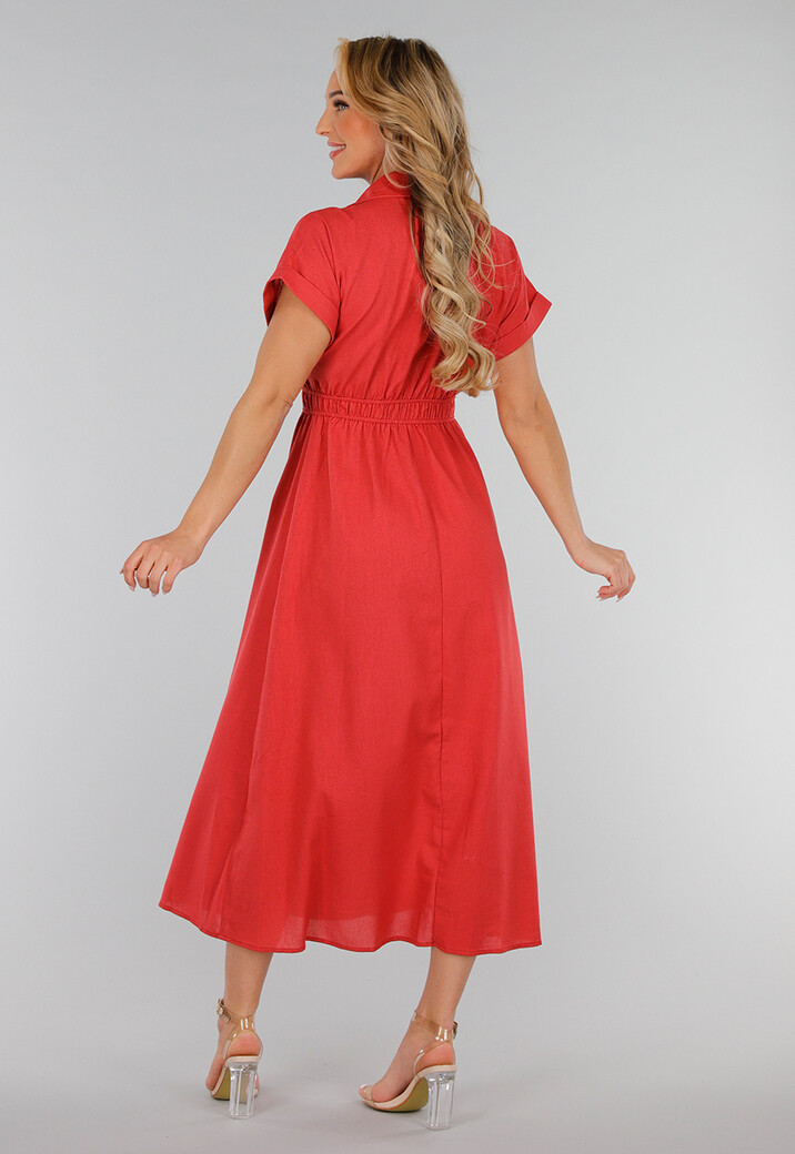 Koraalrode Midi Knoopjurk met Kraag en Linnenlook