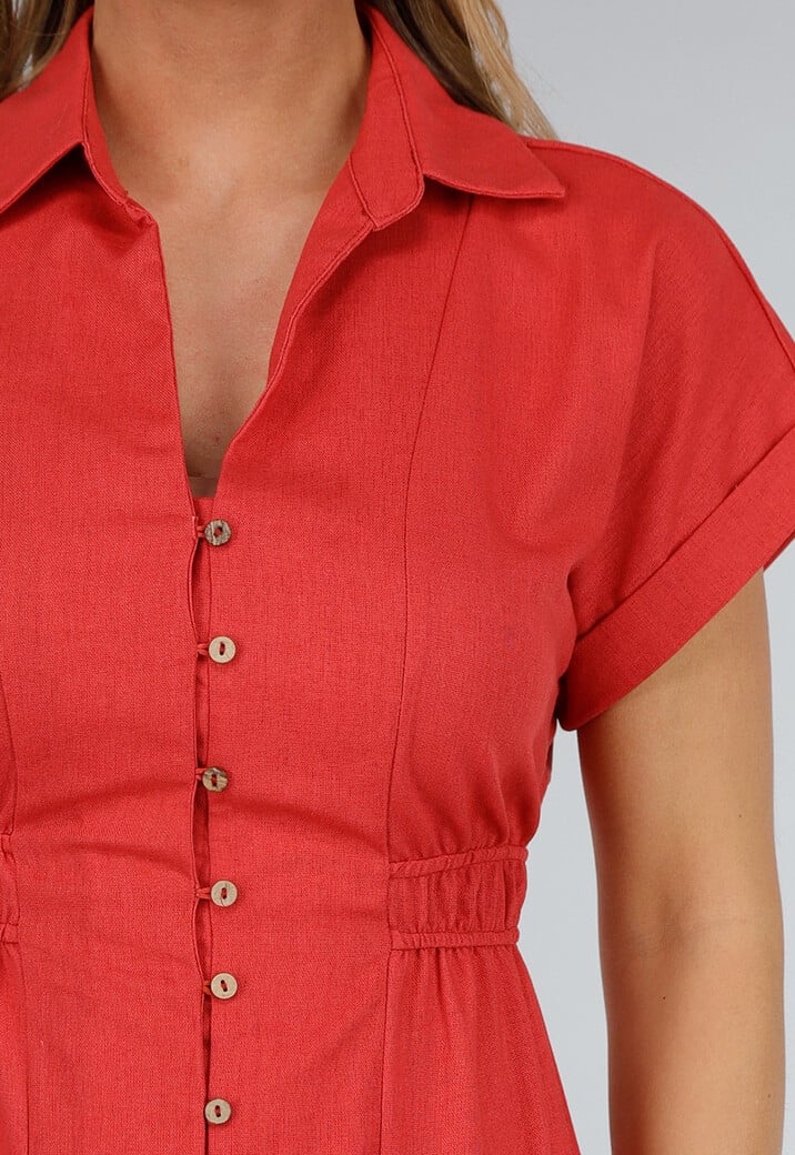 Koraalrode Midi Knoopjurk met Kraag en Linnenlook