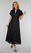 Zwarte Midi Overhemdjurk met Knoopsluiting en Elastische Taille