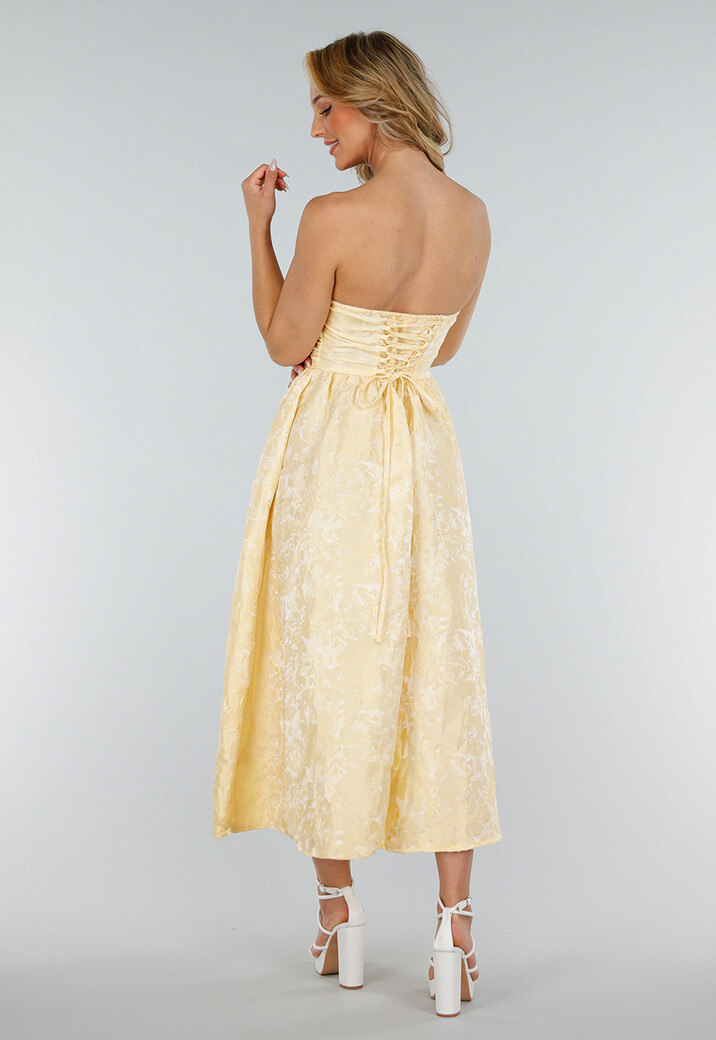 Strapless Midi Jurk in Butter Yellow met Jacquardlook