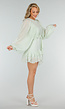 Mintgroene Korte Jurk met Volants, Knoopjes en Ballonmouwen