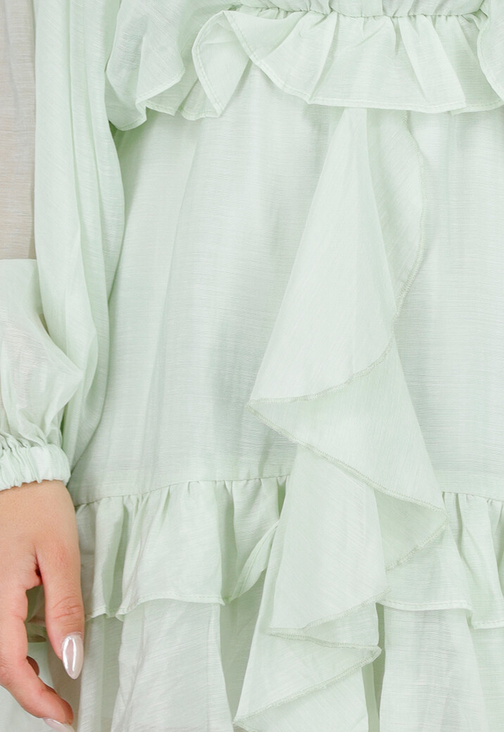 Mintgroene Korte Jurk met Volants, Knoopjes en Ballonmouwen