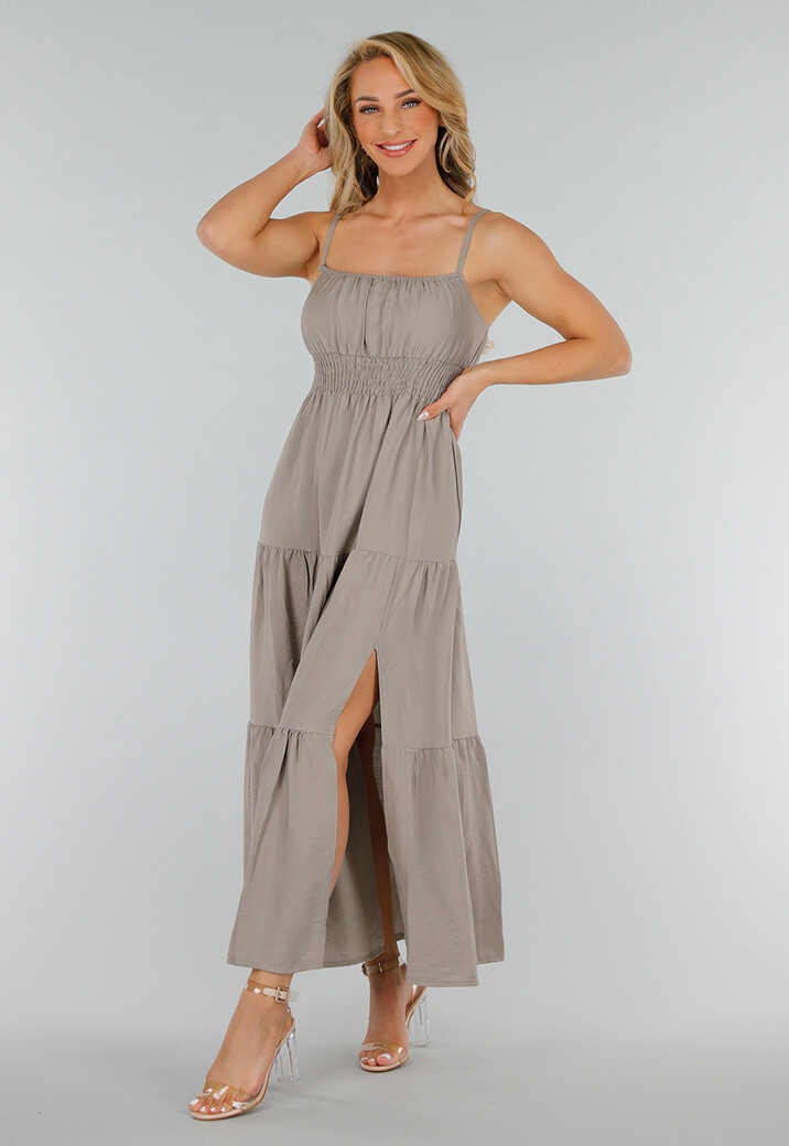 Grijze Maxi Jurk met Split, Spaghettibandjes en Stretch Taille