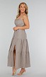 Grijze Maxi Jurk met Split, Spaghettibandjes en Stretch Taille