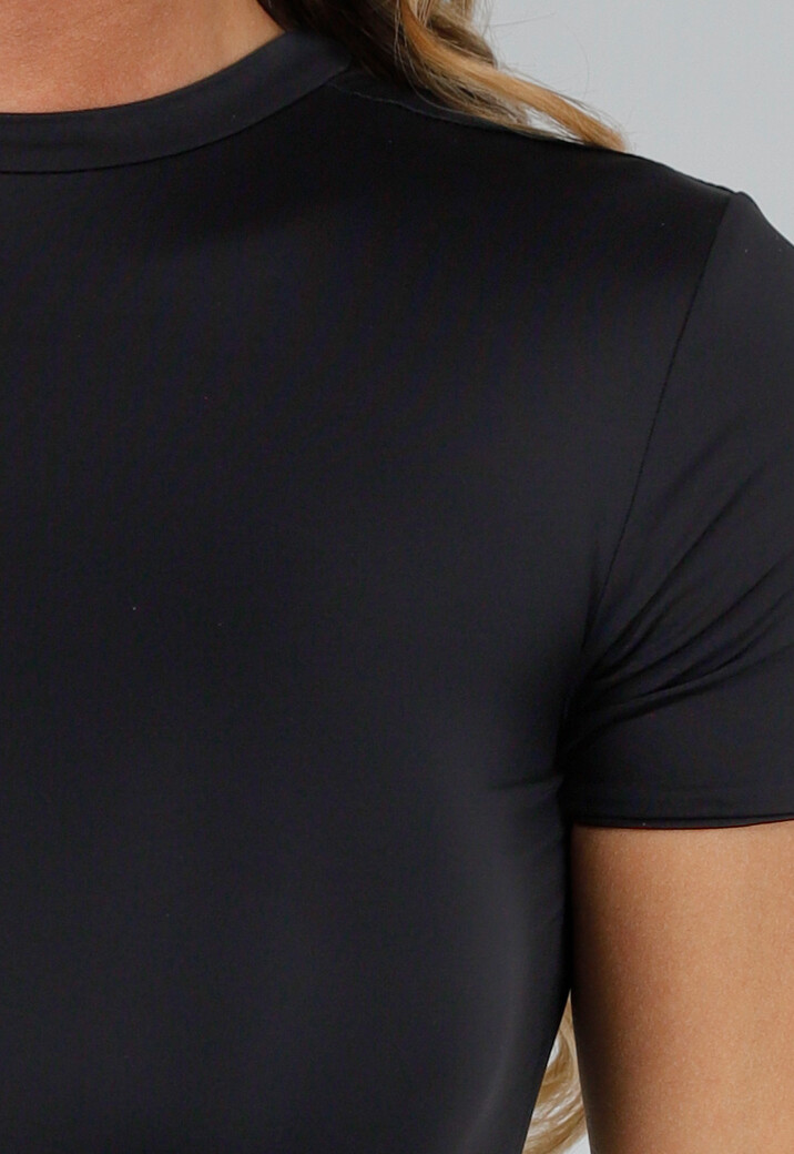 Zwarte Nauwsluitende Stretch Midi Jurk met Korte Mouwen