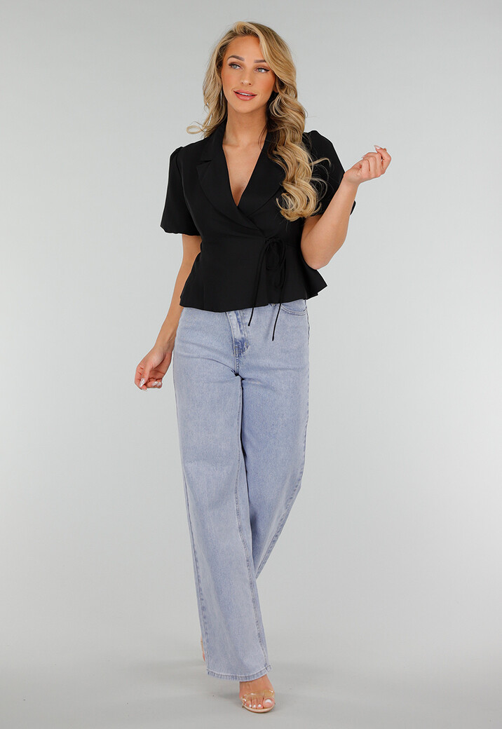 Lichtblauwe High-Waist Stretch Jeans met Wijde Rechte Pijpen