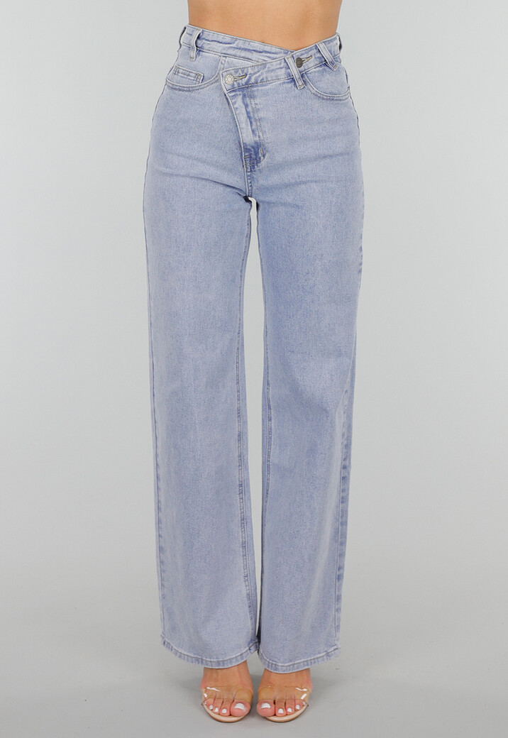 Lichtblauwe High-Waist Stretch Jeans met Wijde Rechte Pijpen