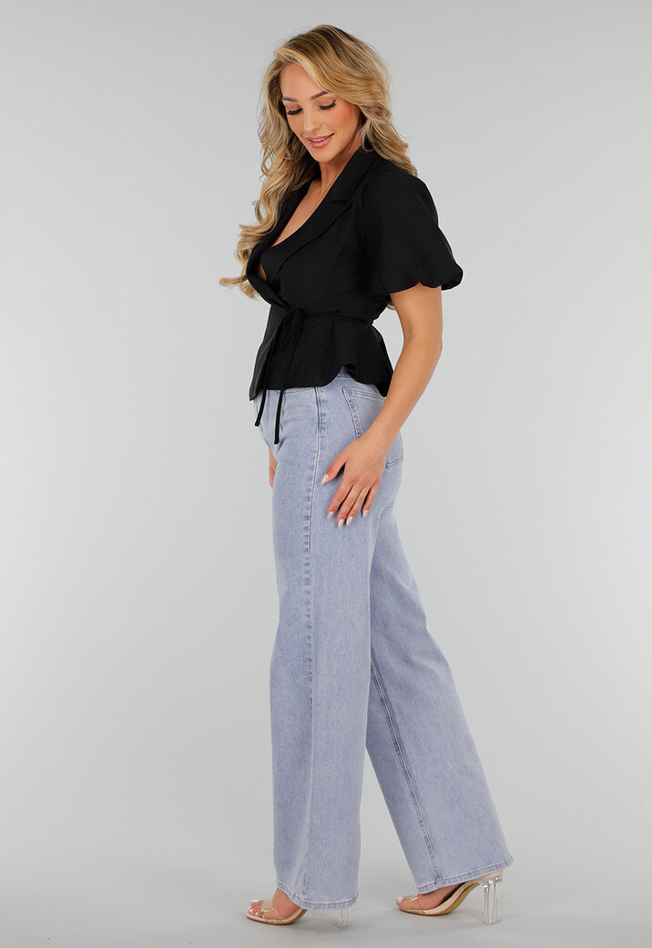 Lichtblauwe High-Waist Stretch Jeans met Wijde Rechte Pijpen