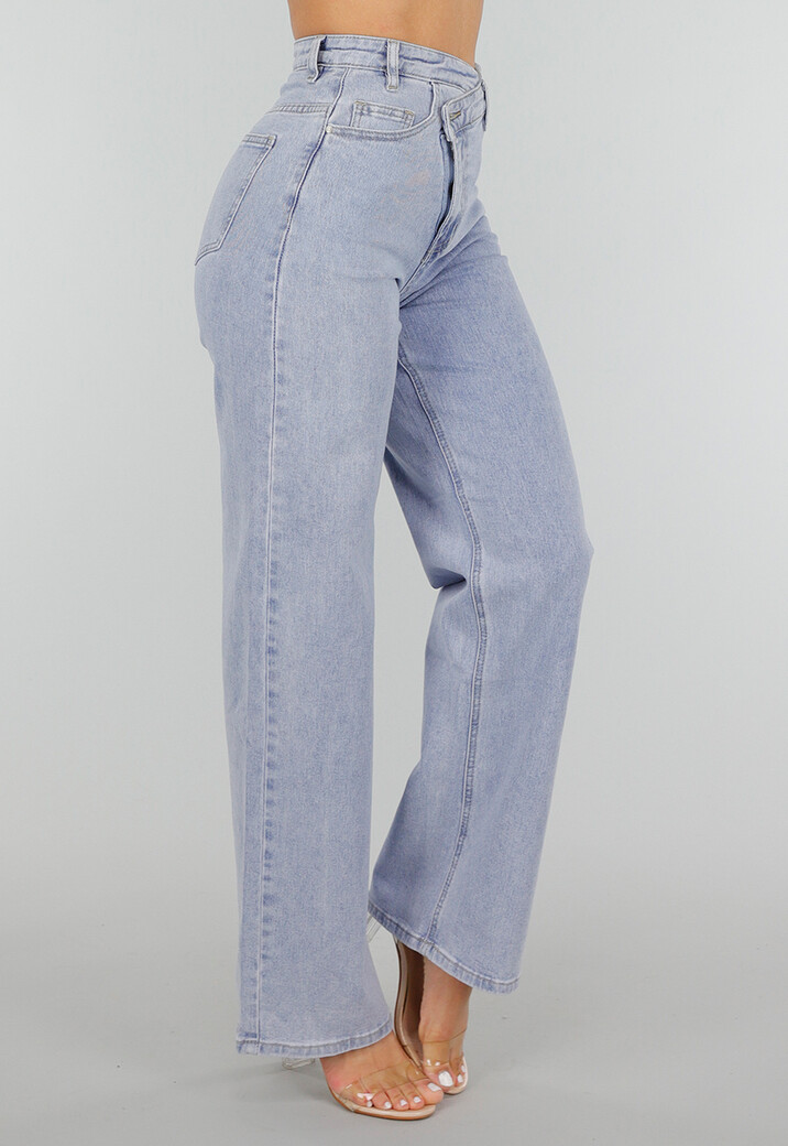 Lichtblauwe High-Waist Stretch Jeans met Wijde Rechte Pijpen