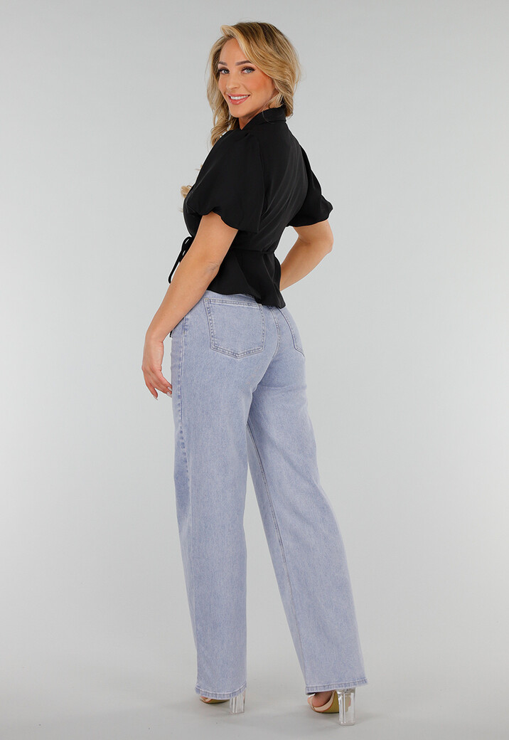 Lichtblauwe High-Waist Stretch Jeans met Wijde Rechte Pijpen