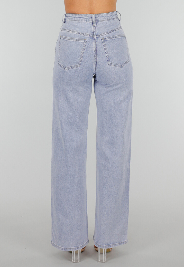 Lichtblauwe High-Waist Stretch Jeans met Wijde Rechte Pijpen