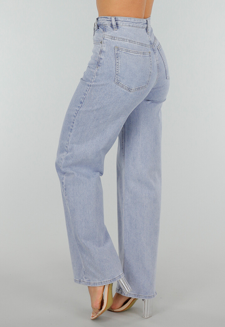 Lichtblauwe High-Waist Stretch Jeans met Wijde Rechte Pijpen