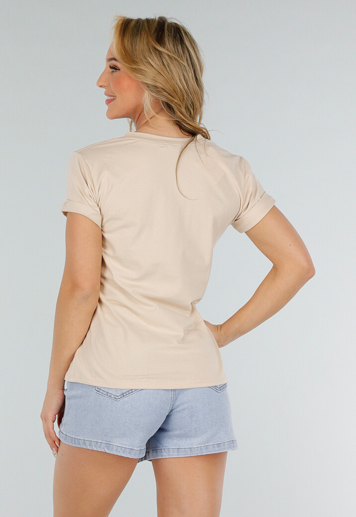 Beige T-Shirt met Gouden Champagne Club Print