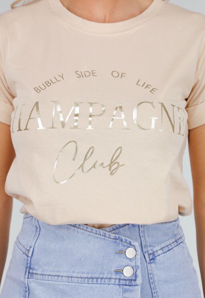 Beige T-Shirt met Gouden Champagne Club Print