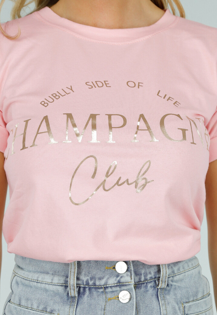 Lichtroze T-Shirt met Gouden Champagne Club Print