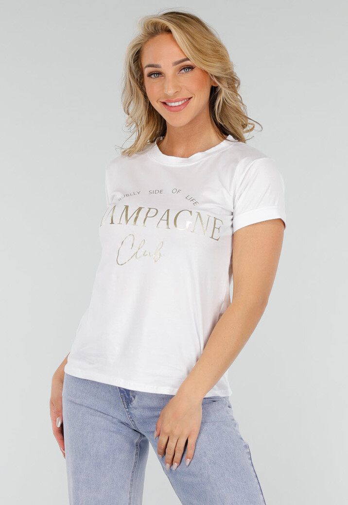 Witte Katoenen Top met Gouden Champagne Club Print