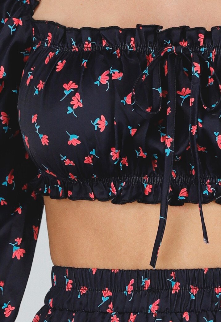 Zwarte Tweedelige Set met Bloemenprint, Kant en Pofmouwen