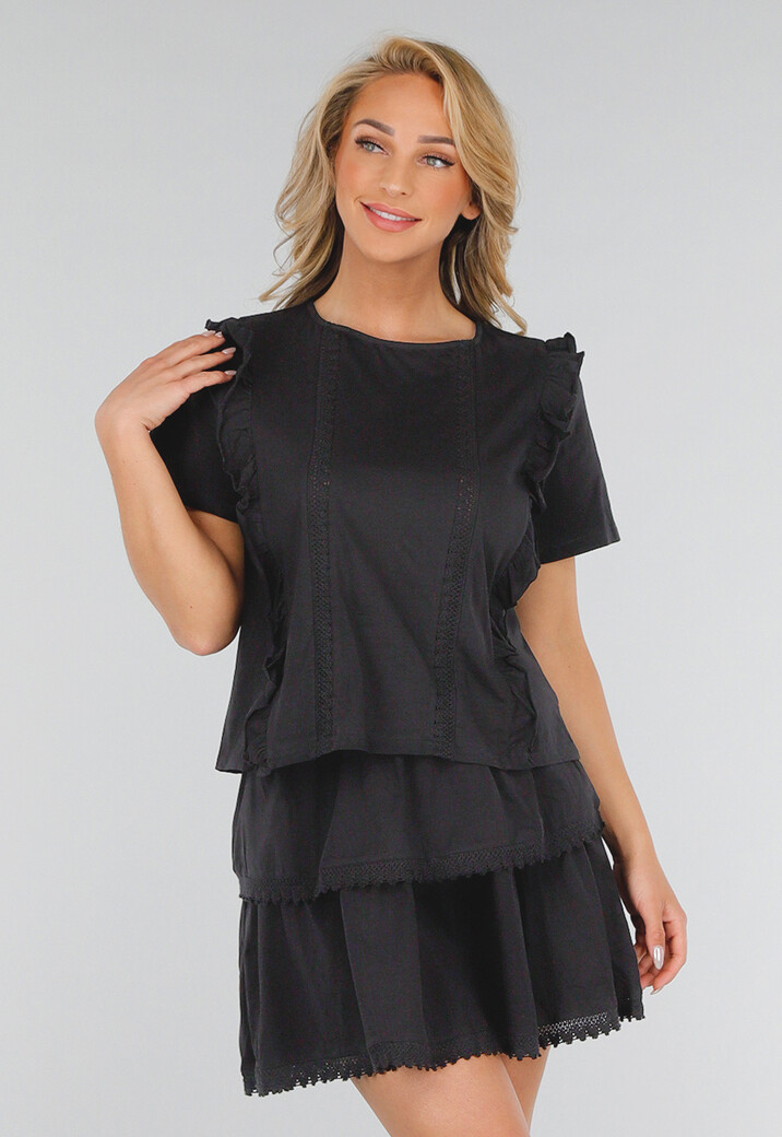 Zwarte Two Piece Set met Ruches, Korte Mouwen en Embroidery details