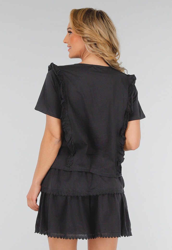 Zwarte Two Piece Set met Ruches, Korte Mouwen en Embroidery details