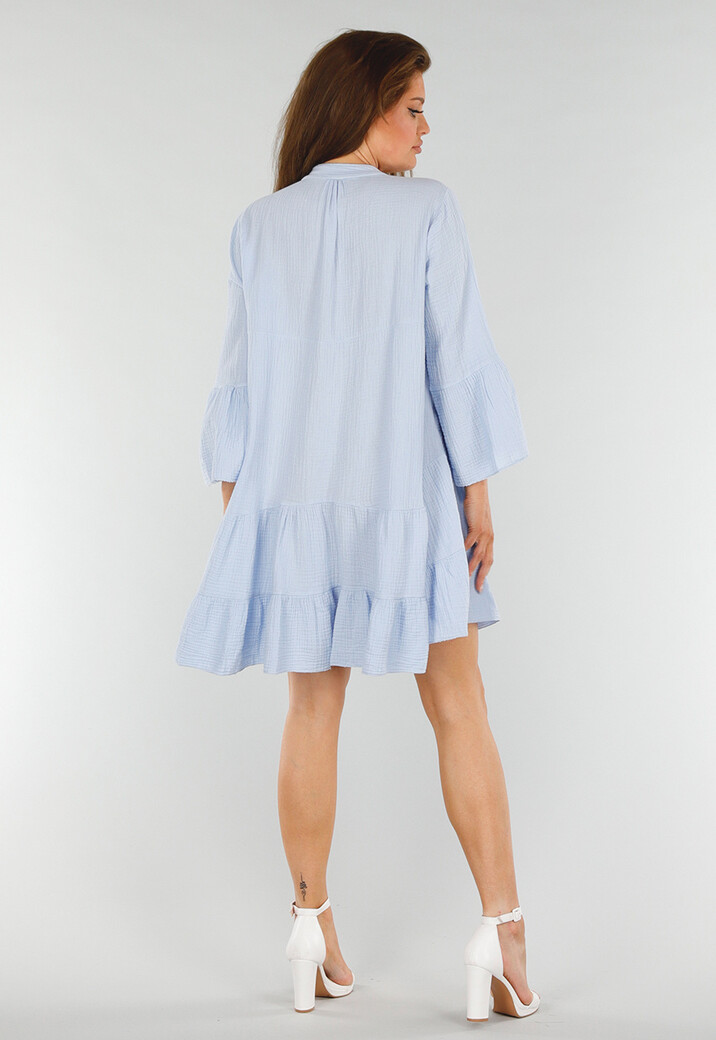 Babyblauwe Katoenen Jurk met Ruches en Wijde Mouwen