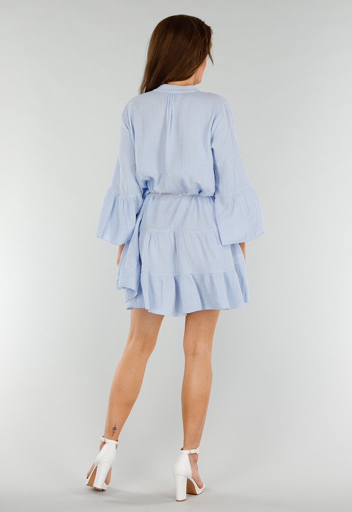 Babyblauwe Katoenen Jurk met Ruches en Wijde Mouwen