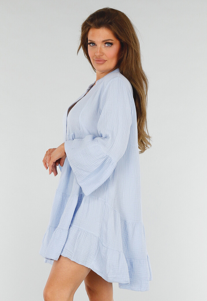 Babyblauwe Katoenen Jurk met Ruches en Wijde Mouwen