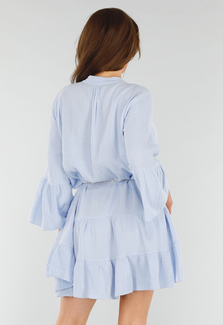 Babyblauwe Katoenen Jurk met Ruches en Wijde Mouwen