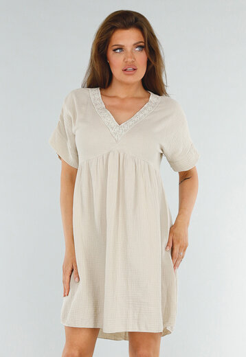 Beige Losvallende Jurk met Korte Mouw
