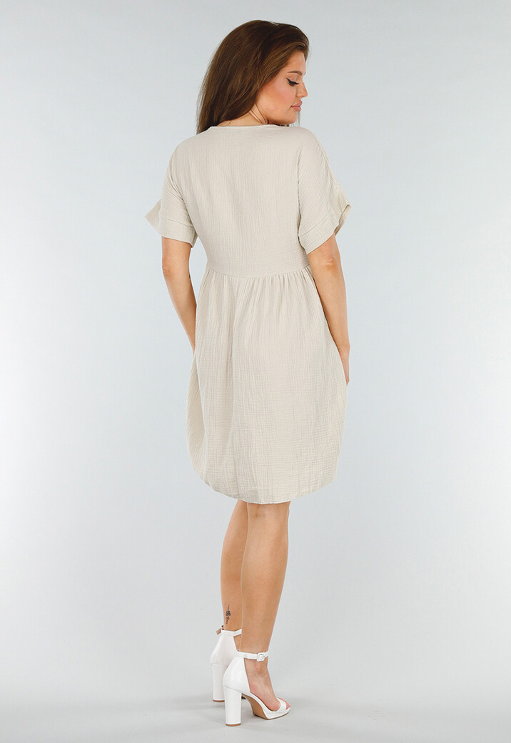 Beige Jurk met Korte Mouwen en Emroidery Halslijn
