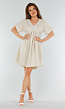 Beige Jurk met Korte Mouwen en Emroidery Halslijn