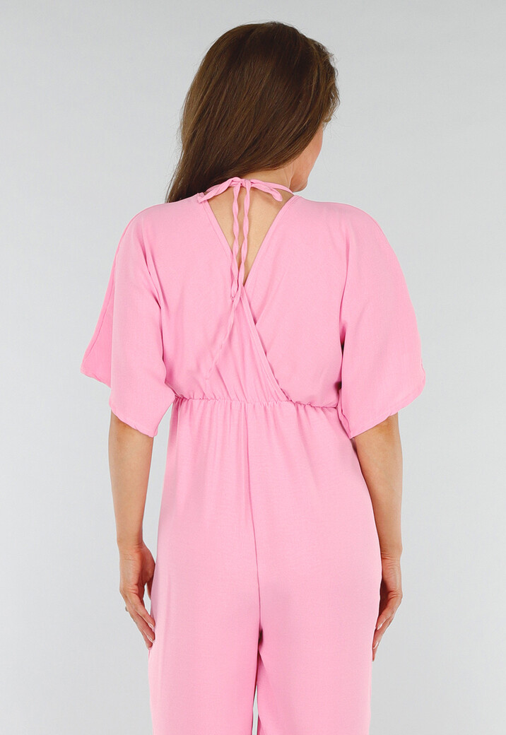 Roze Jumpsuit met V-Hals, Wijde Pijpen en Open Rug