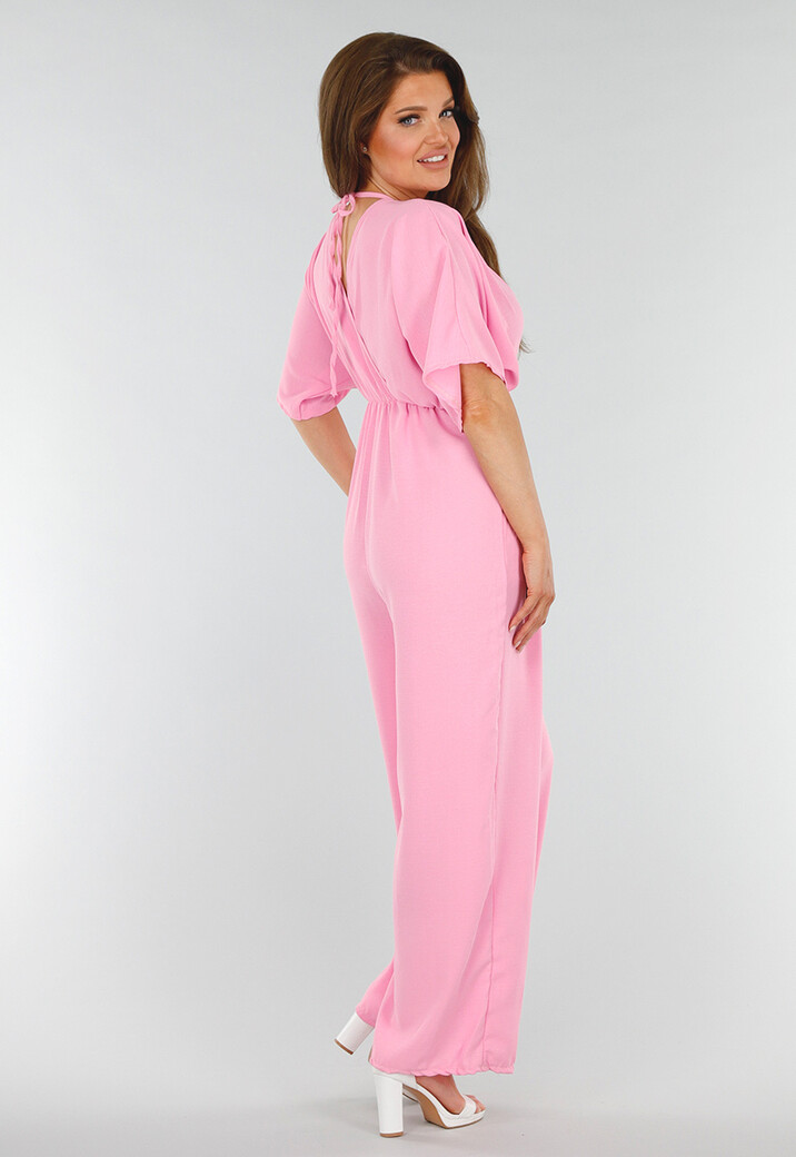 Roze Jumpsuit met V-Hals, Wijde Pijpen en Open Rug