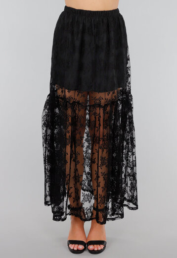 Zwarte Transparante Kanten Maxi Rok