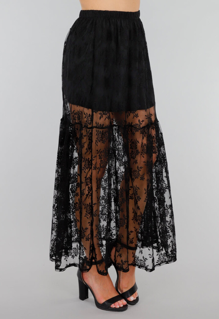 Zwarte Maxi Rok van Kant met Transparant Bloemenpatroon