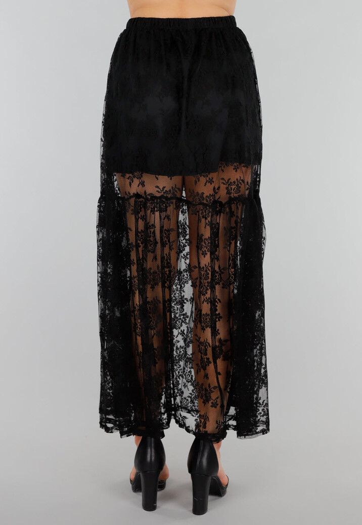 Zwarte Maxi Rok van Kant met Transparant Bloemenpatroon