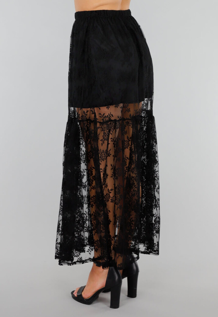 Zwarte Maxi Rok van Kant met Transparant Bloemenpatroon
