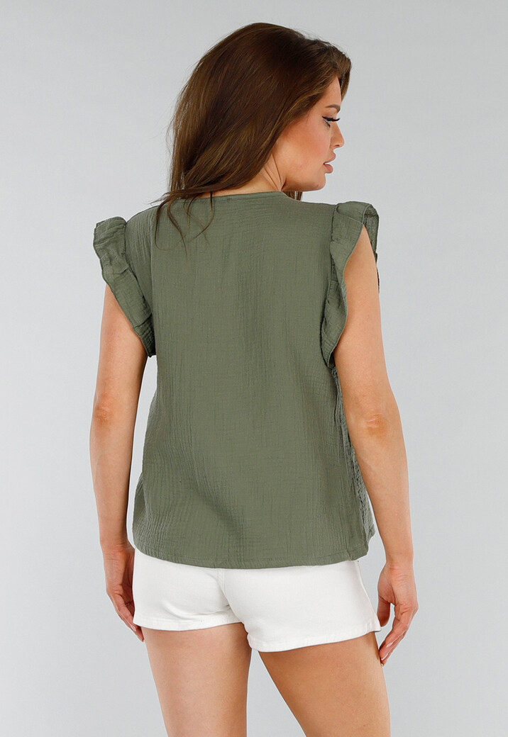 Khaki Linnenlook Mouwloos Shirt met Ruffles en V-Hals