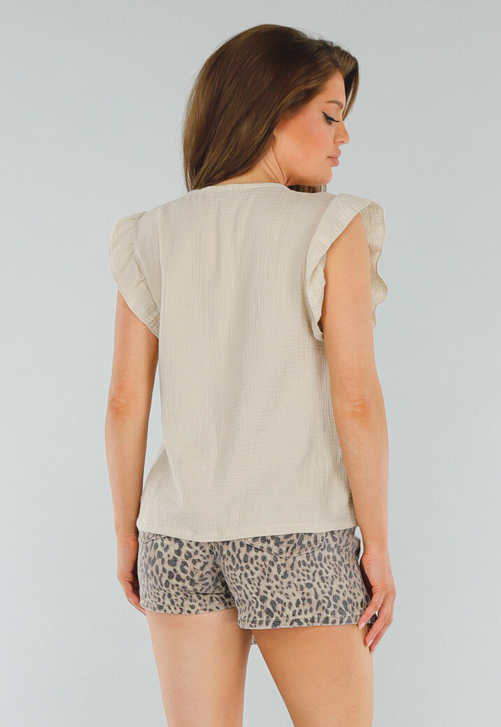Beige Linnenlook Top met V-Hals en Ruches aan de Mouwen