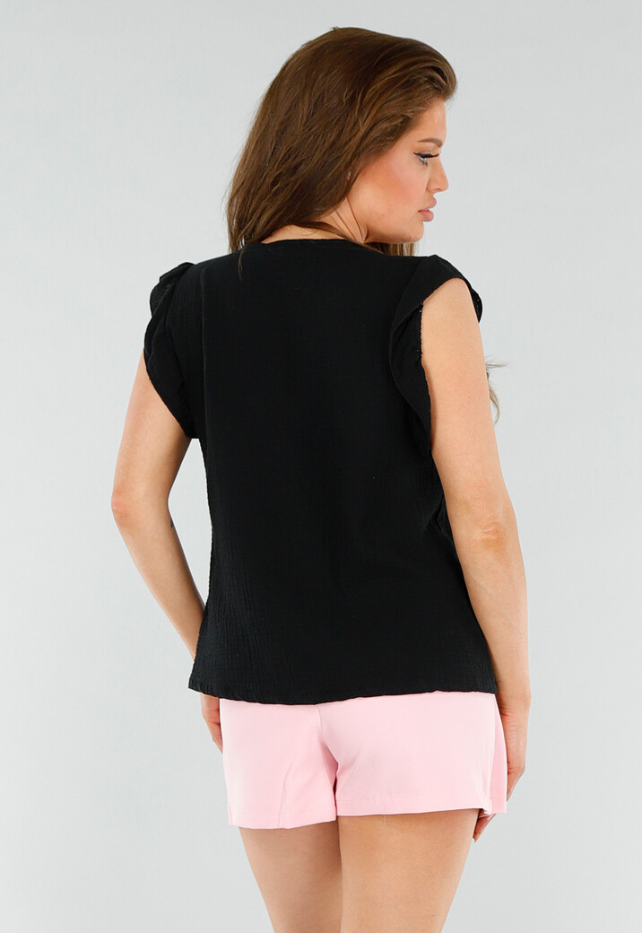 Zwarte Linnenlook Top met V-Hals en Ruches aan de Mouwen