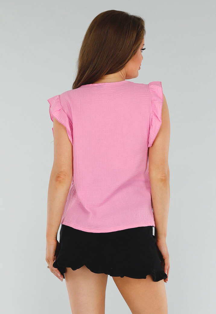 Roze Top met Ruffle Mouwen en Linnenlook