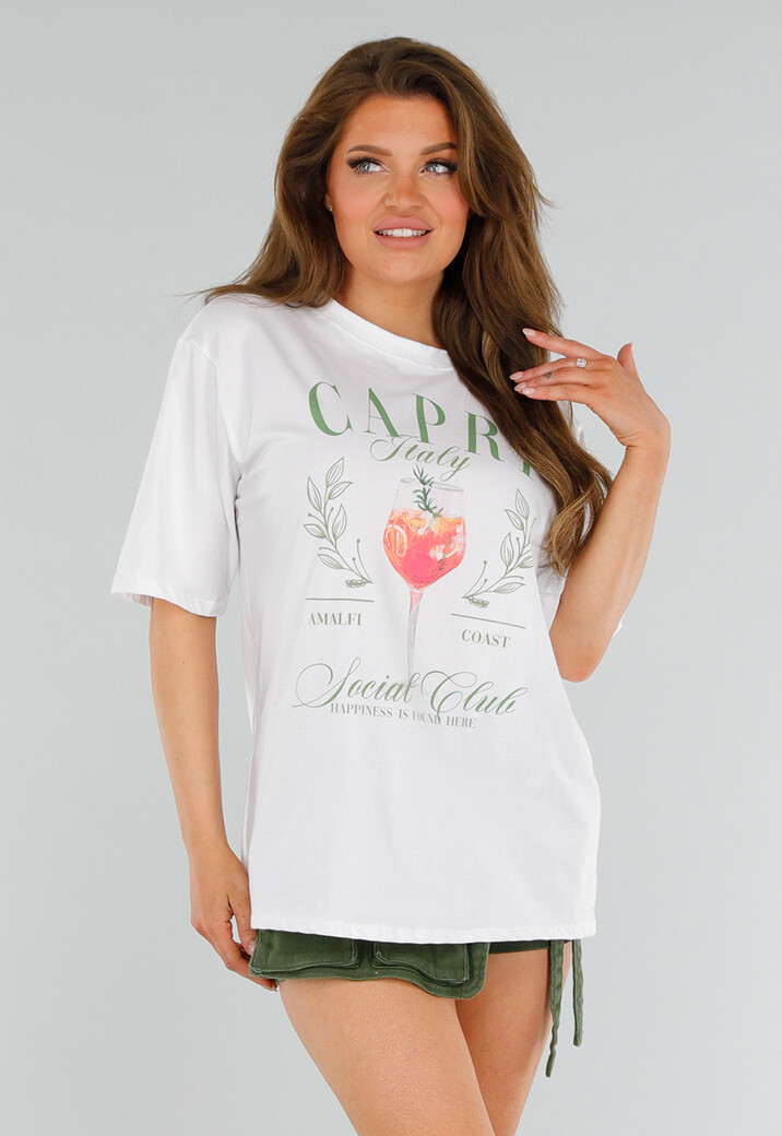 Wit T-Shirt met Capri Italie Print en Groene Letters
