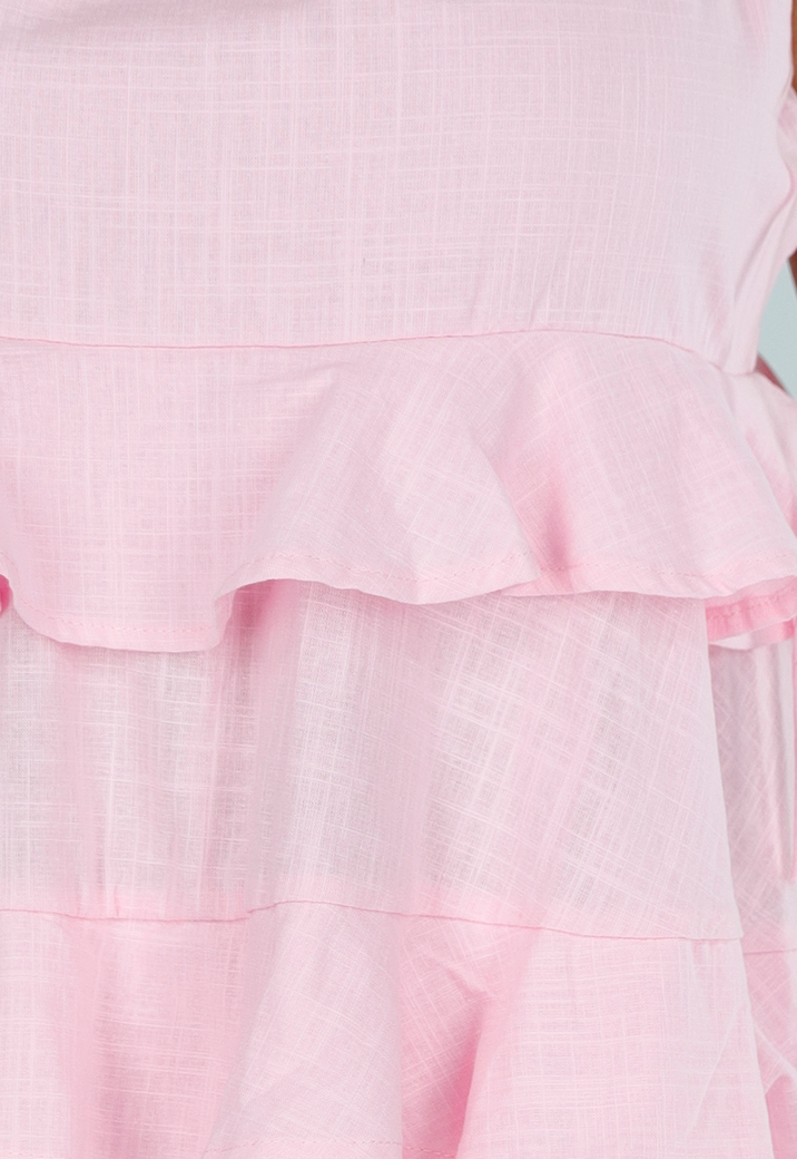 Roze Mini Jurk met Ruches en Linnenlook en Strikkoorden