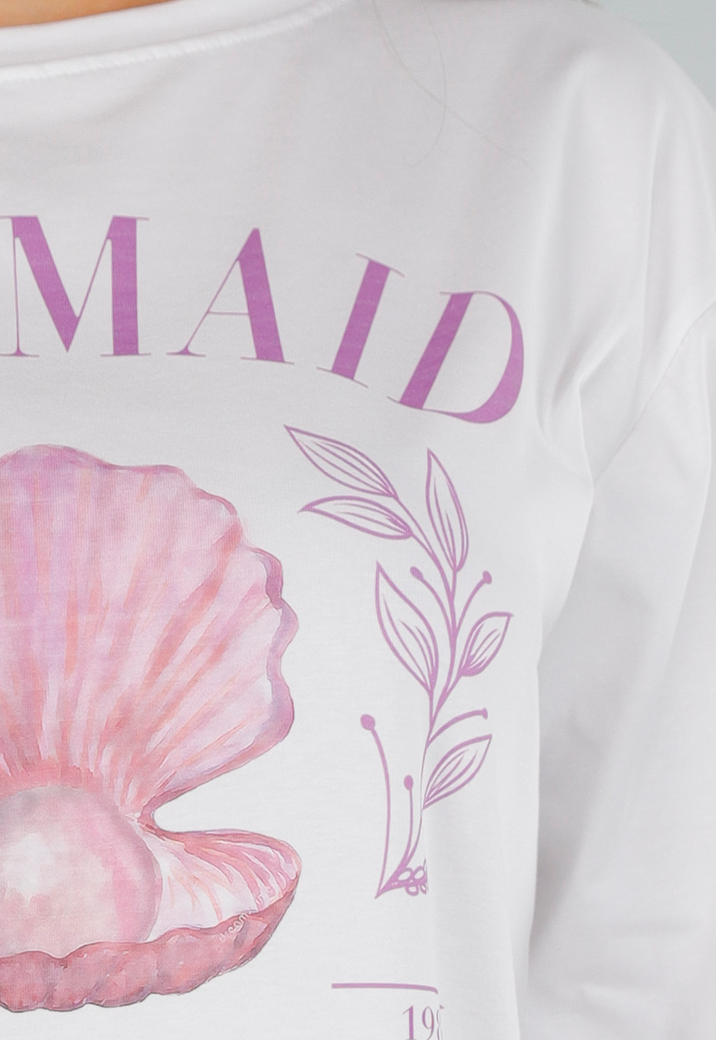 Wit Oversized T-Shirt met Mermaid Print en Paarse Opdruk