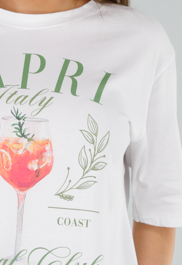 Wit T-Shirt met Capri Italie Print en Groene Letters