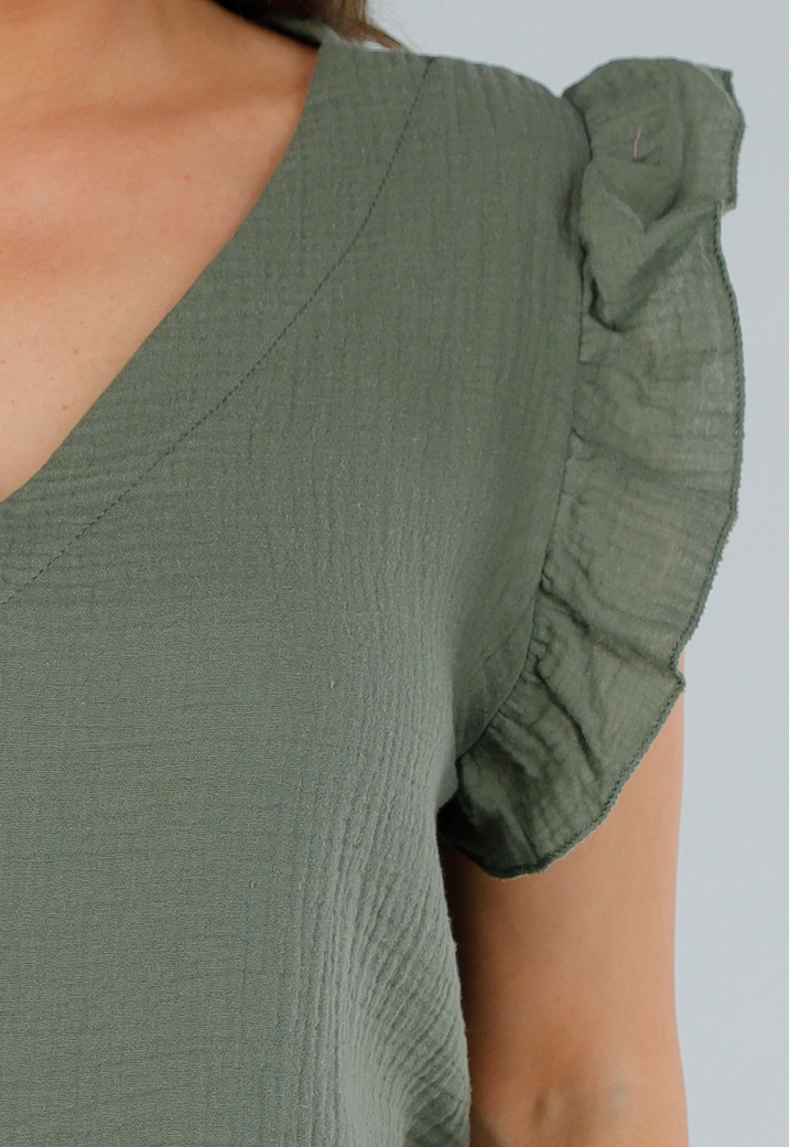 Khaki Linnenlook Mouwloos Shirt met Ruffles en V-Hals