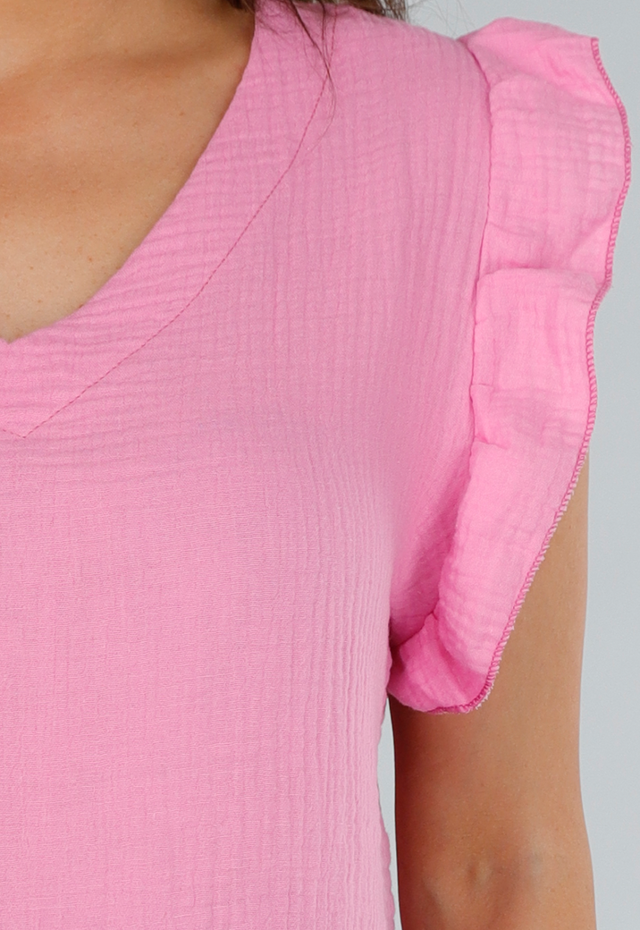 Roze Top met Ruffle Mouwen en Linnenlook
