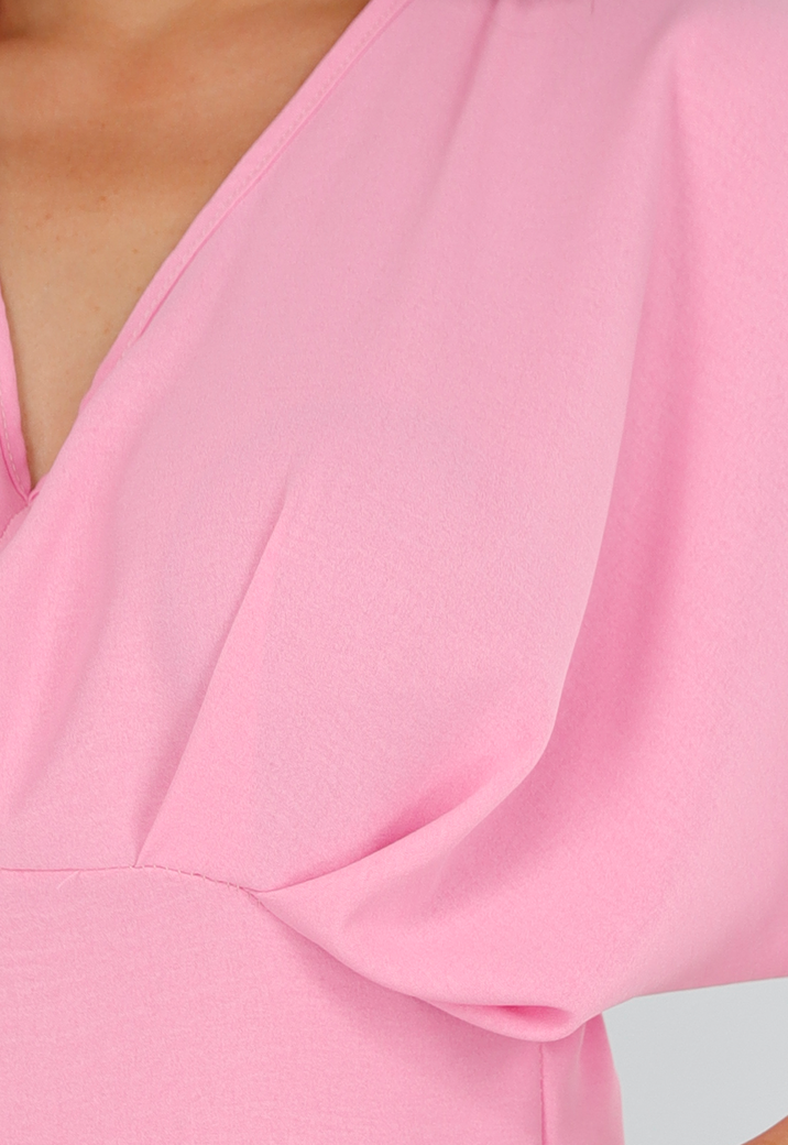 Roze Jumpsuit met V-Hals, Wijde Pijpen en Open Rug